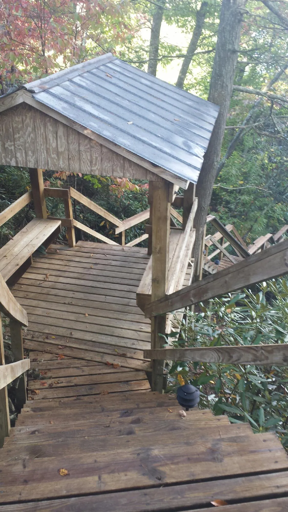 Metal roofed shelter over wooden steps on a wooded walkway — Skylight Repair & Installation work by our crew in Anahuac